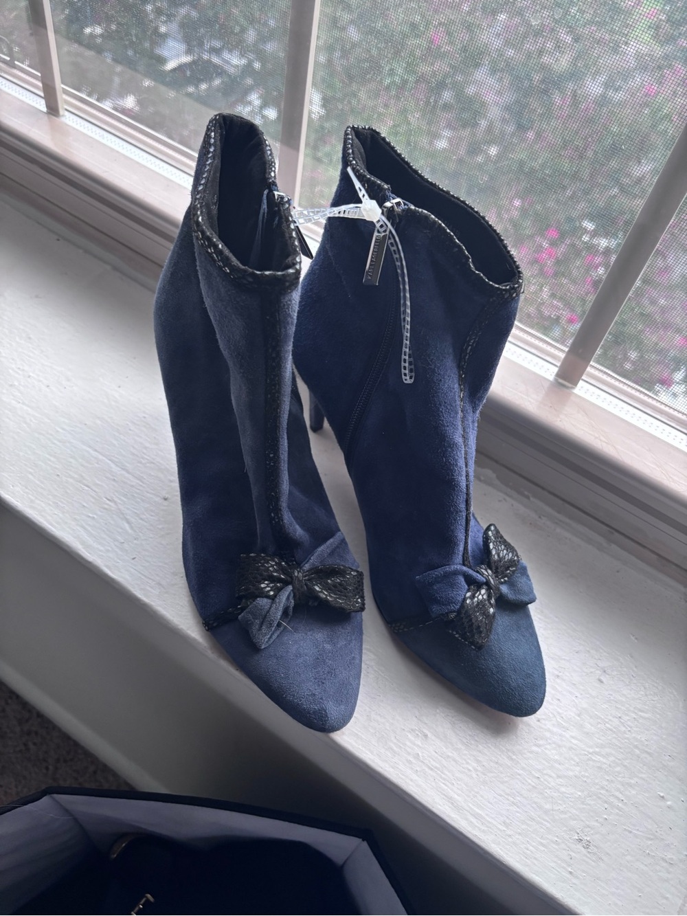Karl Lagerfeld Navy Suede Bow-Accent Ankle Boots